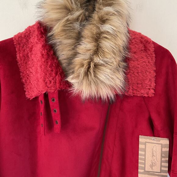 Tasha Polizzi Red Suede Moto Jacket Sz M Detachable Faux Fur Collar Asymmetrical - Picture 6 of 16